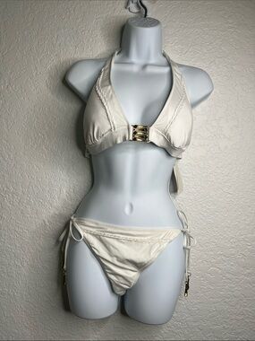 NWT Trina Turk White Gold Accents Halter String Bikini Sz 12